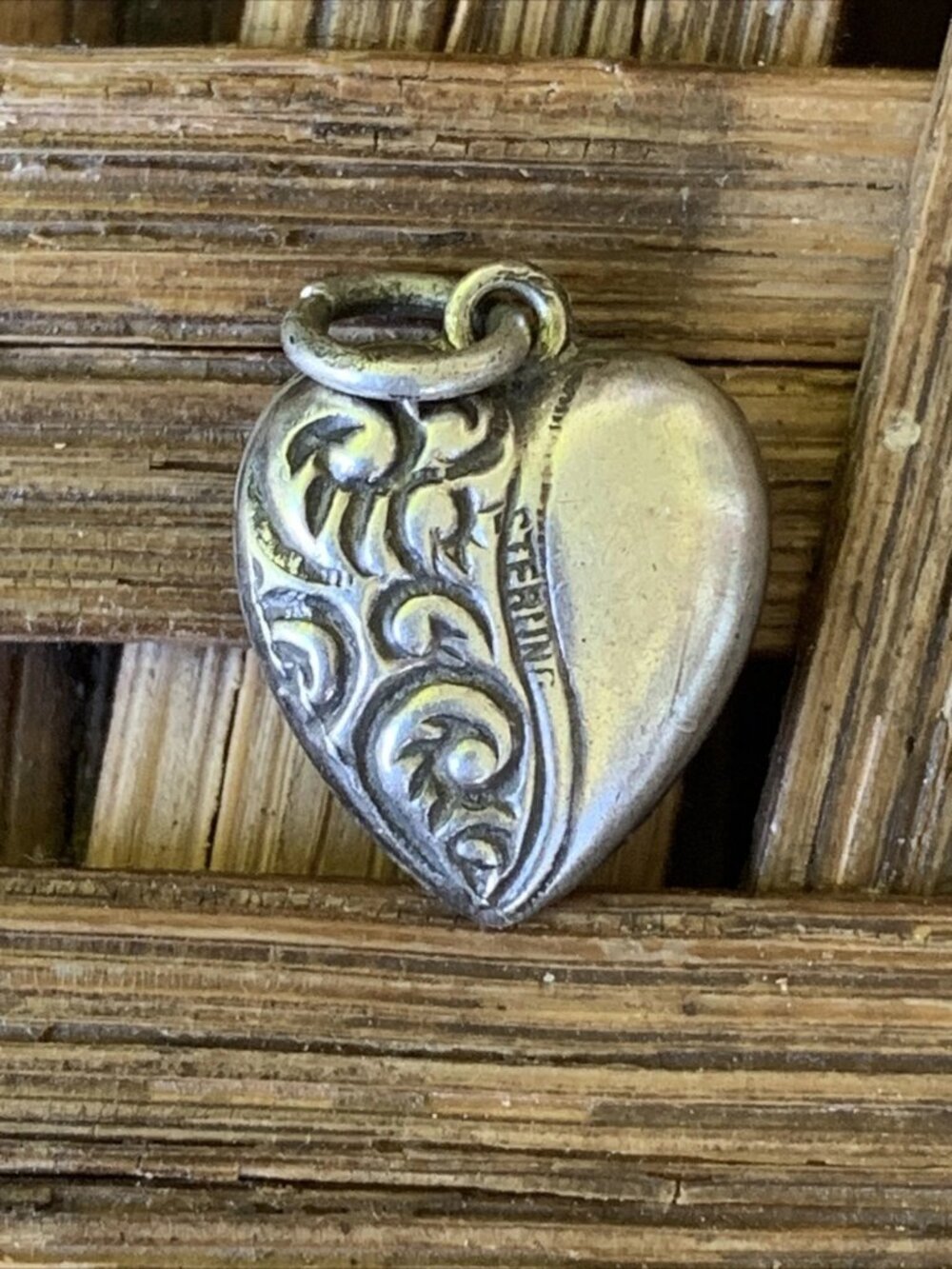 1940 Vintage Sterling Silver PUFFY HEART Charm Victorian Floral Sprays Monogram